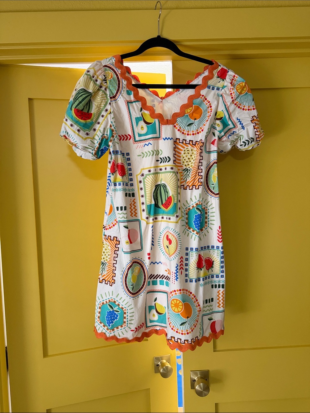 White Fruit-Print Mini Dress with Orange Scallop Trim